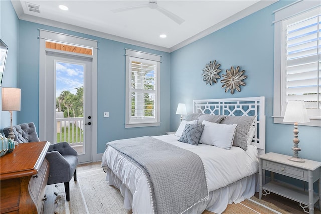 507 S Pine St, New Smyrna Beach, FL 32169 - bedroom featuring access to outside, wood finished floors, crown molding, a ceiling fan, and recessed lighting