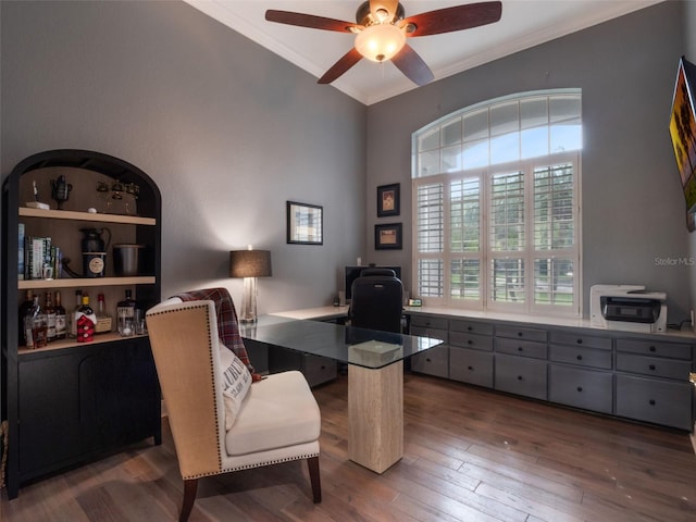 2106 Ridgewind Way, Windermere, FL 34786 - office with ornamental molding, ceiling fan, and wood finished floors