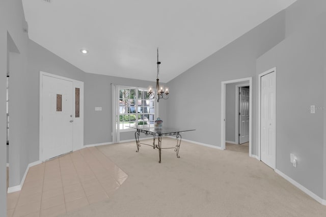 625 Nighthawk Cir, Winter Springs, FL 32708 - unfurnished dining area featuring lofted ceiling, a chandelier, carpet, baseboards, and recessed lighting
