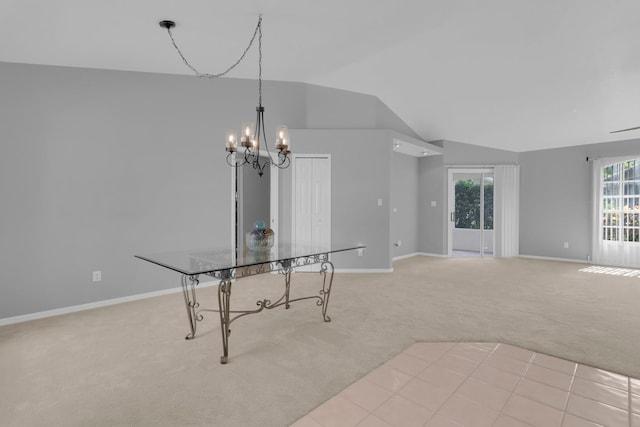 625 Nighthawk Cir, Winter Springs, FL 32708 - unfurnished dining area featuring light colored carpet, vaulted ceiling, a chandelier, and baseboards