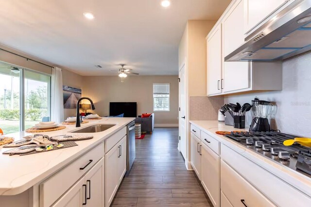 7951 Haverhill Way, Kissimmee, FL 34747 - kitchen with under cabinet range hood, a sink, open floor plan, appliances with stainless steel finishes, and white cabinets