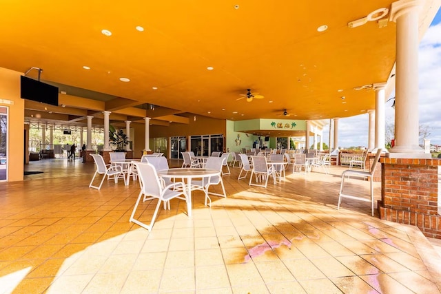 7951 Haverhill Way, Kissimmee, FL 34747 - dining space with decorative columns, recessed lighting, healthy amount of natural light, a ceiling fan, and lofted ceiling