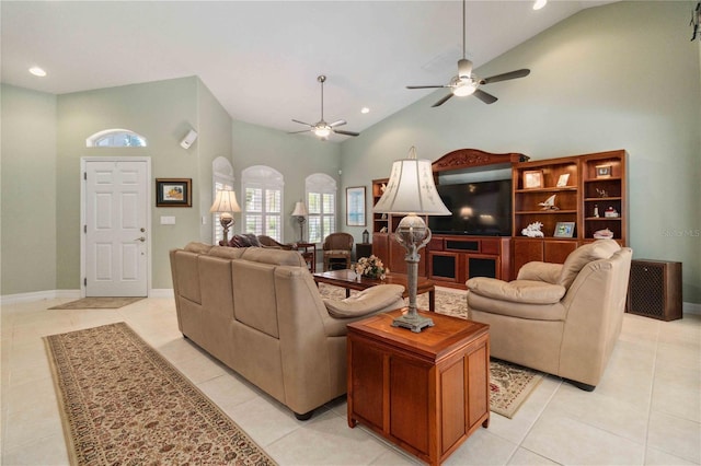 618 Manatee Bay Dr, Cape Canaveral, FL 32920 - living room featuring high vaulted ceiling, a ceiling fan, light tile patterned flooring, and recessed lighting