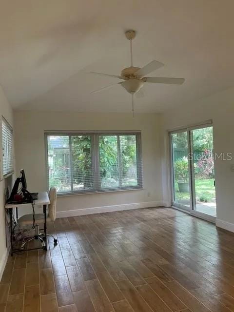 955 Gamewell Ave, Maitland, FL 32751 - unfurnished office featuring baseboards, wood finished floors, a ceiling fan, and lofted ceiling