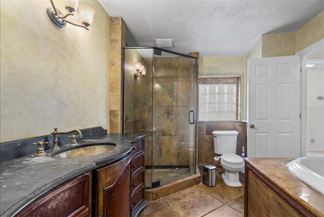 4420 Conway Gardens Rd, Orlando, FL 32806 - bathroom with vanity, a shower stall, a textured ceiling, toilet, and tile patterned flooring