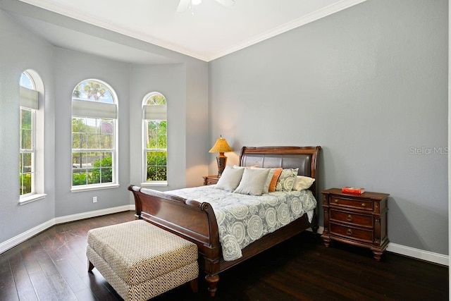 2357 Alaqua Dr, Longwood, FL 32779 - bedroom featuring baseboards, wood-type flooring, ornamental molding, and ceiling fan