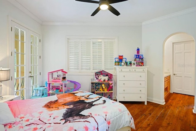 2357 Alaqua Dr, Longwood, FL 32779 - bedroom with wood finished floors, ornamental molding, french doors, arched walkways, and a ceiling fan