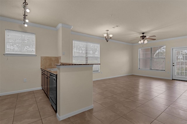 909 Charo Pkwy Unit 1011, Davenport, FL 33897 - kitchen featuring ornamental molding, light tile patterned flooring, a ceiling fan, a peninsula, and black dishwasher