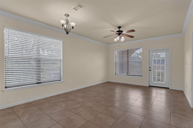 909 Charo Pkwy Unit 1011, Davenport, FL 33897 - spare room with a chandelier, tile patterned floors, ceiling fan, ornamental molding, and baseboards