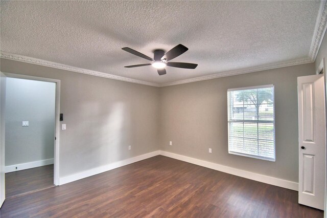 7504 Willow Wisp Dr E, Lakeland, FL 33810 - unfurnished room with dark wood finished floors, ceiling fan, crown molding, a textured ceiling, and baseboards