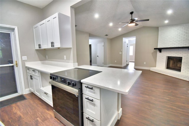 7504 Willow Wisp Dr E, Lakeland, FL 33810 - kitchen featuring stainless steel electric range oven, open floor plan, a peninsula, ceiling fan, and dark wood-style flooring