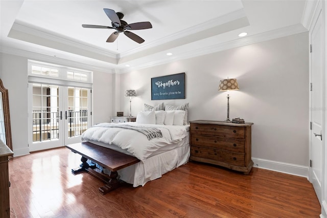 140 E Morse Blvd Unit J, Winter Park, FL 32789 - bedroom with a raised ceiling, french doors, access to outside, ornamental molding, and wood finished floors