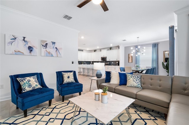 3004 Protagonist St, Kissimmee, FL 34746 - living area featuring ornamental molding, a ceiling fan, a chandelier, recessed lighting, and baseboards