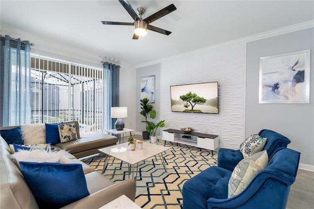 3004 Protagonist St, Kissimmee, FL 34746 - living room featuring ornamental molding, ceiling fan, and baseboards