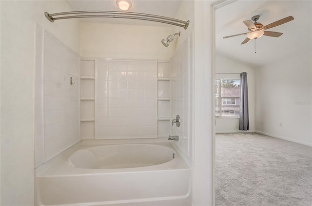4178 SW 43rd Cir, Ocala, FL 34474 - bathroom with vaulted ceiling, washtub / shower combination, a ceiling fan, and baseboards