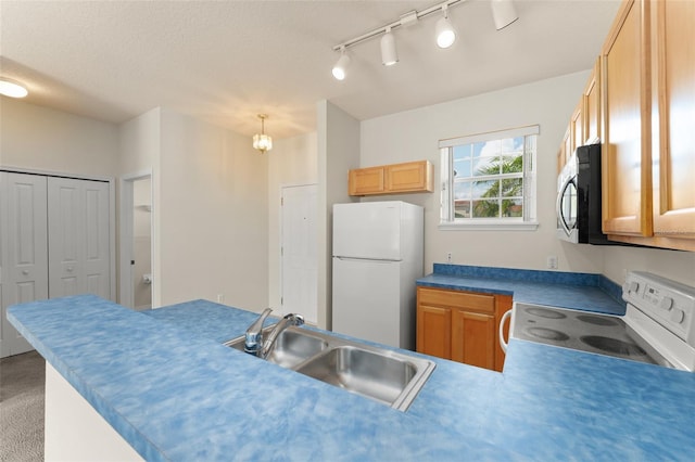 214 Monroe Cir, Davenport, FL 33896 - kitchen featuring white appliances, a sink, a peninsula, rail lighting, and carpet flooring