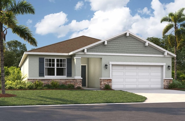 1207 Normandy Dr, Haines City, FL 33844 - craftsman inspired home featuring stucco siding, driveway, stone siding, an attached garage, and a front lawn