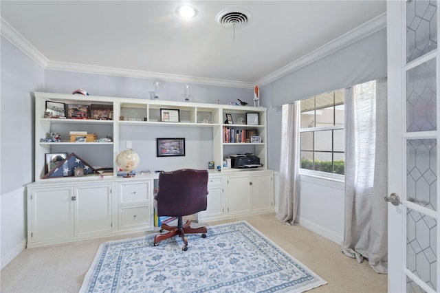 1770 Chinook Trl, Maitland, FL 32751 - office area featuring built in desk, light colored carpet, ornamental molding, and baseboards