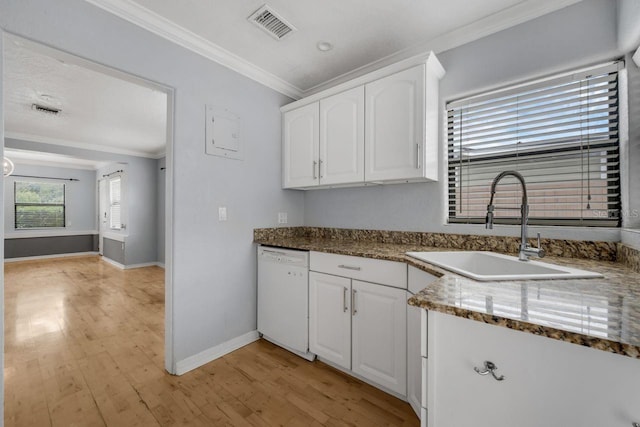 1021 N Forest Ave, Orlando, FL 32803 - kitchen with dishwasher, ornamental molding, a sink, white cabinetry, and baseboards