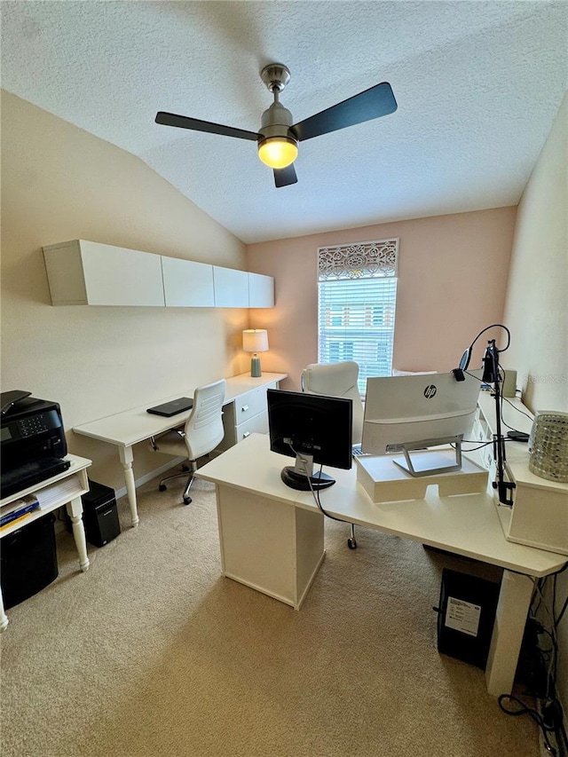 10350 Lake District Ln Unit S, Orlando, FL 32832 - office area featuring ceiling fan, light carpet, vaulted ceiling, and a textured ceiling