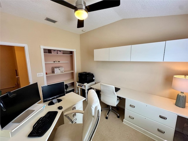 10350 Lake District Ln Unit S, Orlando, FL 32832 - office featuring a ceiling fan, vaulted ceiling, light colored carpet, a textured ceiling, and built in study area
