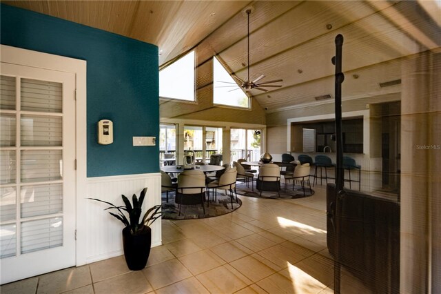 3748 Idlebrook Cir Unit 202, Casselberry, FL 32707 - dining room featuring a wainscoted wall, tile patterned flooring, wooden ceiling, a ceiling fan, and vaulted ceiling