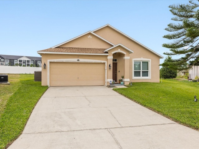204 Cotswold Cir, Davenport, FL 33837 - view of front of property featuring stucco siding, an attached garage, concrete driveway, central air condition unit, and roof with shingles