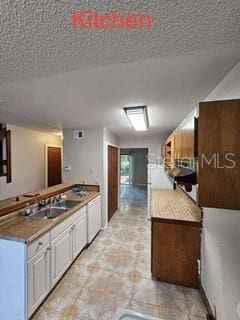 131 Stefanik Rd, Winter Park, FL 32792 - kitchen with a textured ceiling, a peninsula, white cabinets, and a sink