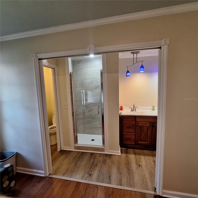 10012 Lake Louisa Rd, Clermont, FL 34711 - full bathroom featuring wood finished floors, a stall shower, crown molding, toilet, and vanity