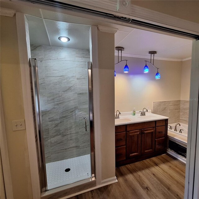 10012 Lake Louisa Rd, Clermont, FL 34711 - bathroom featuring wood finished floors, a garden tub, a shower stall, crown molding, and double vanity