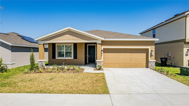 716 Daring Dr, Davenport, FL 33837 - view of front of property with a garage, a front yard, driveway, stucco siding, and a porch