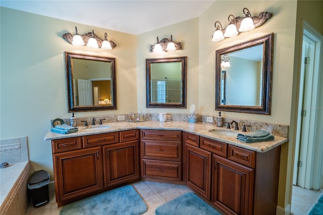 1550 Kevin Ln, Deland, FL 32724 - bathroom with double vanity, tiled bath, and tile patterned flooring