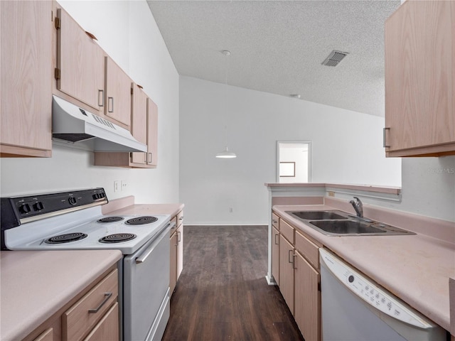 2533 Grassy Point Dr Unit 215, Lake Mary, FL 32746 - kitchen featuring white electric range, dishwasher, under cabinet range hood, a sink, and light brown cabinets