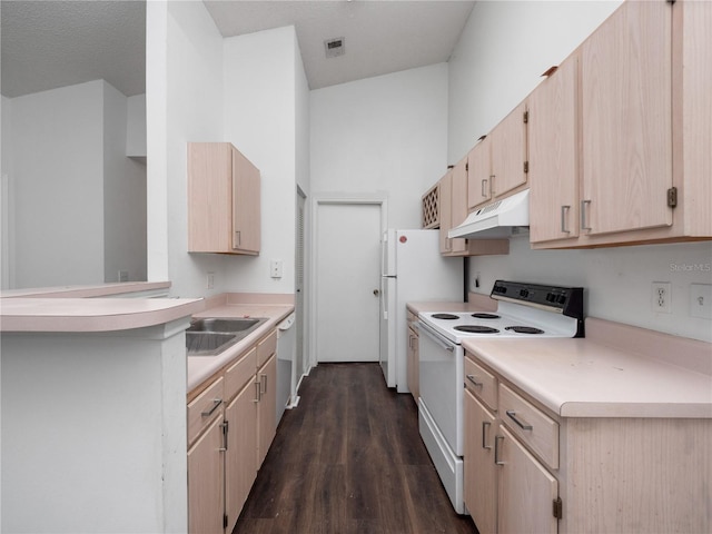 2533 Grassy Point Dr Unit 215, Lake Mary, FL 32746 - kitchen with white appliances, under cabinet range hood, light brown cabinets, light countertops, and dark wood-type flooring