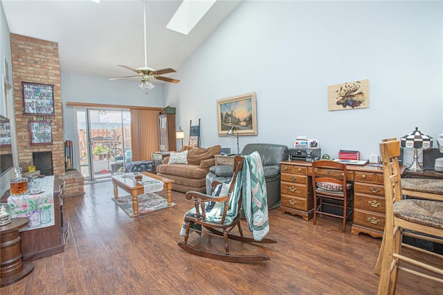 4545 Southfield Ave, Orlando, FL 32812 - living room with wood finished floors, a skylight, high vaulted ceiling, a brick fireplace, and ceiling fan