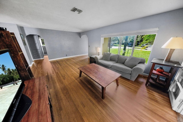 328 E Minnehaha Ave, Clermont, FL 34711 - living room featuring arched walkways, wood finished floors, and baseboards
