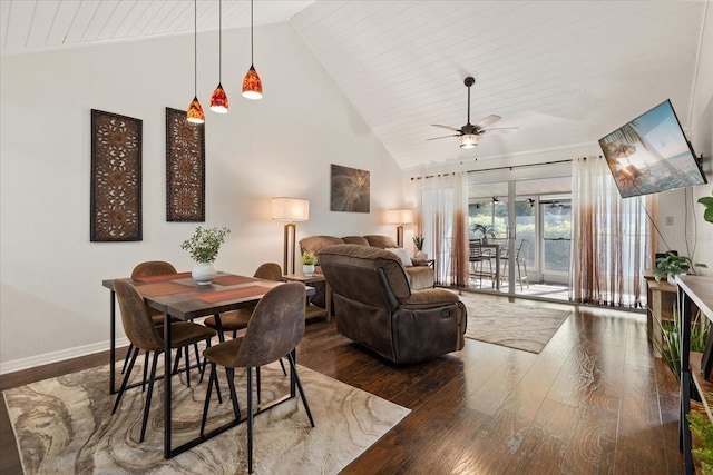 1126 Villa Ln Unit 91, Apopka, FL 32712 - dining space with dark wood-style flooring, high vaulted ceiling, ceiling fan, and wood ceiling