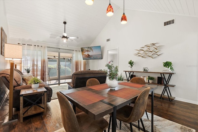 1126 Villa Ln Unit 91, Apopka, FL 32712 - dining area with wood finished floors, high vaulted ceiling, a ceiling fan, and wood ceiling
