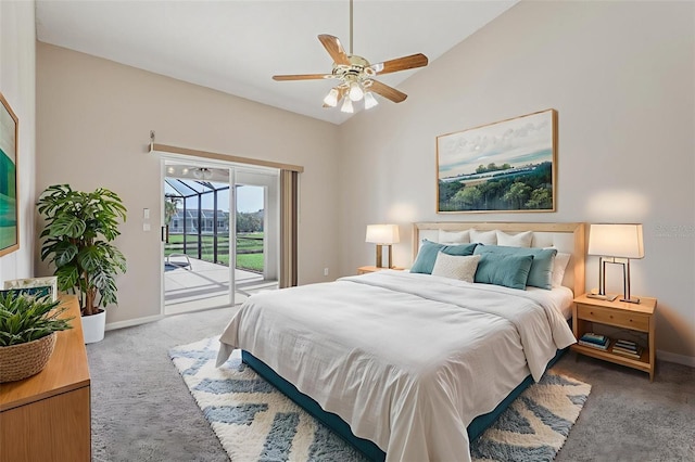 970 Sabal Grove Dr, Rockledge, FL 32955 - carpeted bedroom with access to outside, vaulted ceiling, baseboards, and ceiling fan