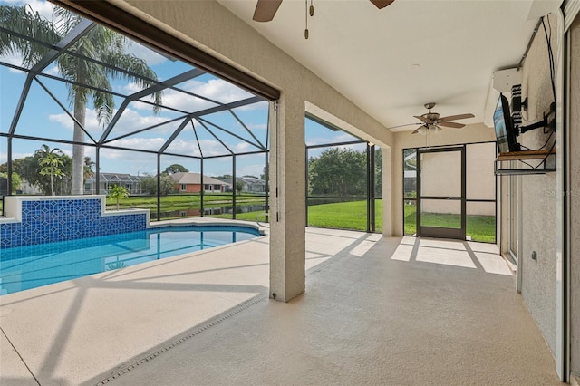 970 Sabal Grove Dr, Rockledge, FL 32955 - swimming pool with ceiling fan, a patio, a lanai, and a lawn