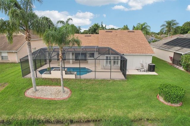 970 Sabal Grove Dr, Rockledge, FL 32955 - rear view of property featuring a patio, cooling unit, an outdoor pool, a lawn, and glass enclosure