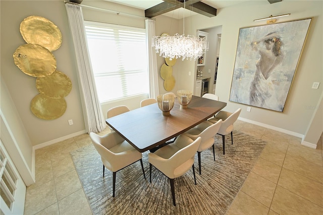 9257 Outlook Rock Trl, Windermere, FL 34786 - dining space featuring light tile patterned floors, baseboards, beamed ceiling, and a chandelier