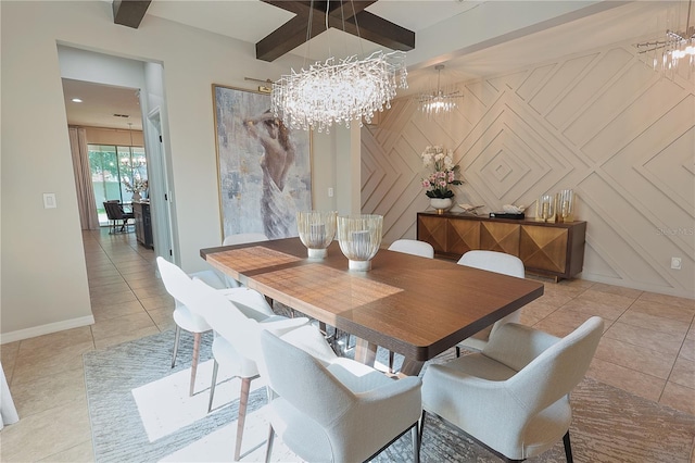 9257 Outlook Rock Trl, Windermere, FL 34786 - dining space featuring a chandelier, light tile patterned floors, beamed ceiling, baseboards, and a decorative wall