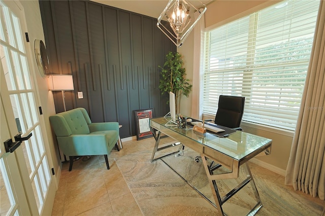 9257 Outlook Rock Trl, Windermere, FL 34786 - office with baseboards, light tile patterned flooring, and a chandelier