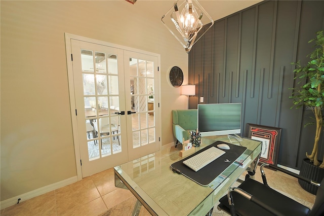 9257 Outlook Rock Trl, Windermere, FL 34786 - office space featuring french doors, baseboards, tile patterned flooring, a chandelier, and a towering ceiling
