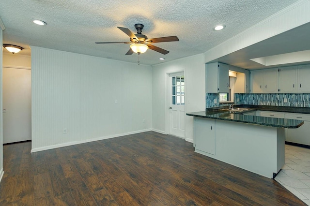 4739 Indian Gap Dr, Orlando, FL 32812 - kitchen featuring a peninsula, dark wood finished floors, a textured ceiling, a ceiling fan, and decorative backsplash