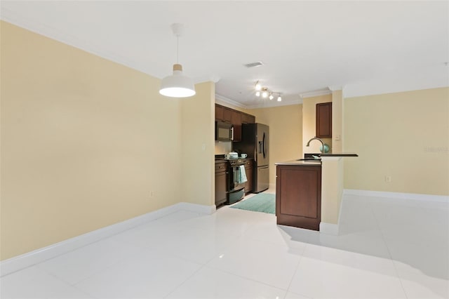 5467 Vineland Rd Unit 6110, Orlando, FL 32811 - kitchen with appliances with stainless steel finishes, light tile patterned floors, hanging light fixtures, ornamental molding, and a peninsula