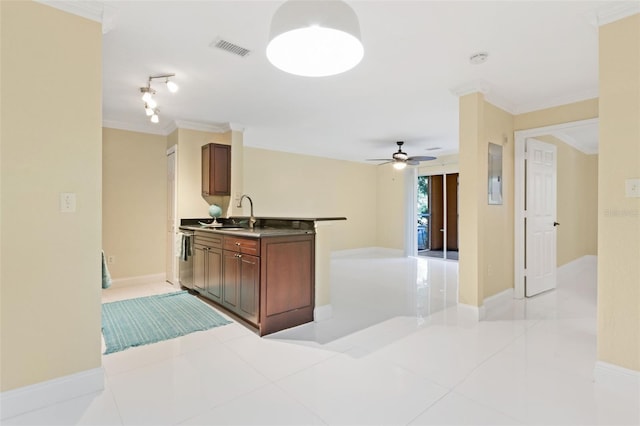 5467 Vineland Rd Unit 6110, Orlando, FL 32811 - kitchen with ornamental molding, ceiling fan, dark countertops, stainless steel dishwasher, and open floor plan