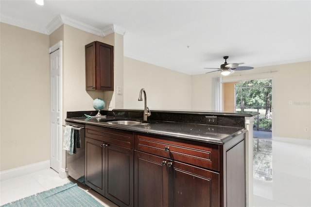 5467 Vineland Rd Unit 6110, Orlando, FL 32811 - kitchen featuring a ceiling fan, a peninsula, ornamental molding, light tile patterned flooring, and dishwasher