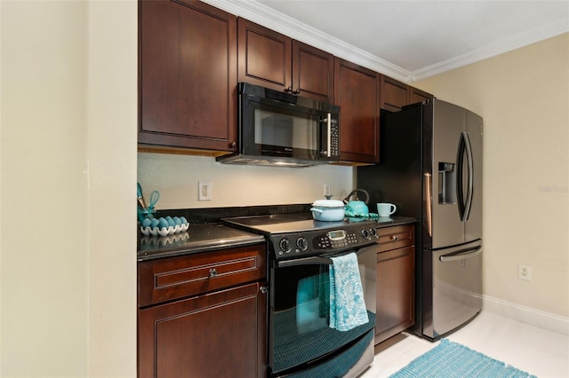 5467 Vineland Rd Unit 6110, Orlando, FL 32811 - kitchen with black appliances, dark countertops, ornamental molding, light tile patterned floors, and dark brown cabinetry